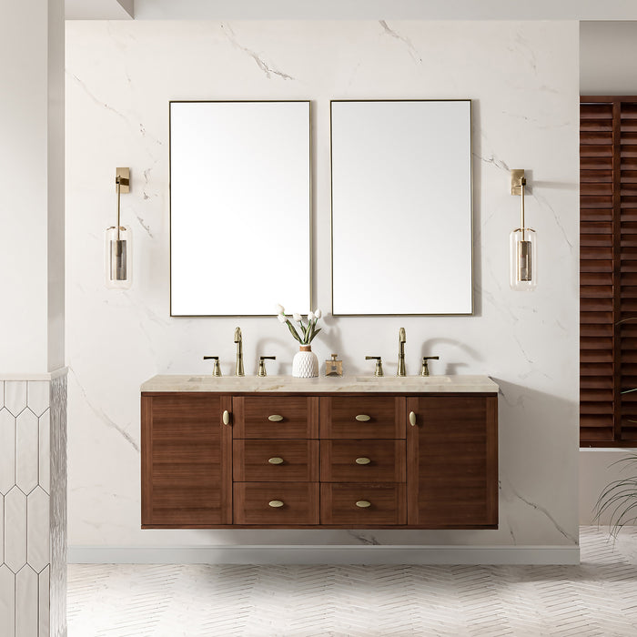 James Martin Amberly 60" Dual Mount Double Bathroom Vanity, Mid-Century Walnut