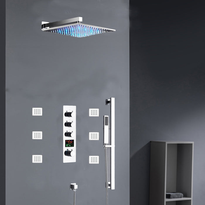 Chrome 12inch LED light or 6 inch regular head Wall mount 3 way thermostatic shower faucet with 6 body jets and sliding bar