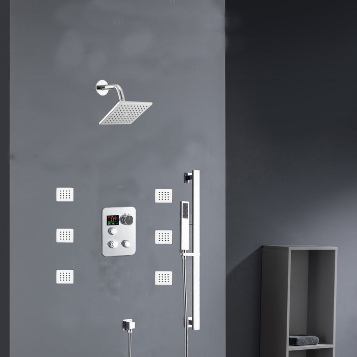 Chrome 12inch LED light or 6 inch regular head Wall mount 3 way thermostatic shower faucet with 6 body jets and sliding bar