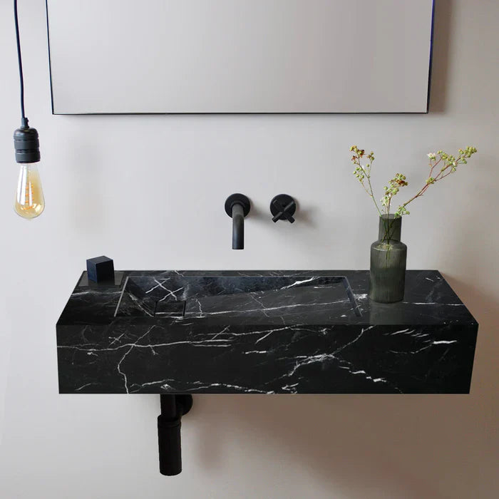 Black Turkish Marble Modern Polished Wall Mount Bathroom Sink 30 x 18 Inches
