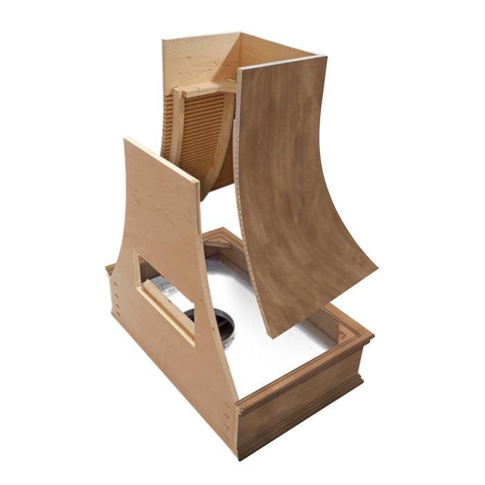 American Walnut Range Hood With Curved Front, Brass Strapping and Buttons - 30", 36", 42", 48", 54" and 60" Widths Available