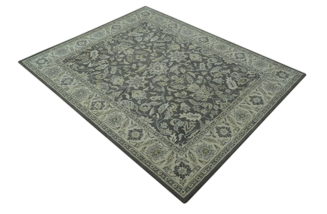 Antique Design 8x10 Charcoal and Beige Traditional Floral Hand Tufted rug