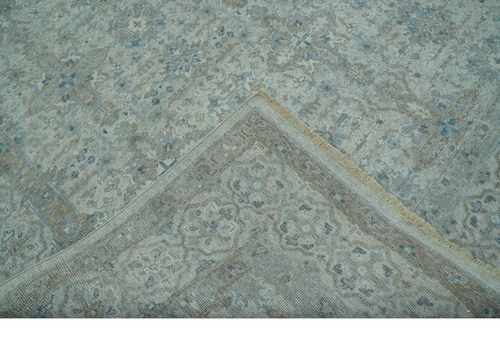 Antique Distress finish Silver, Teal and Brown Hand Knotted Traditional 8x10 wool Rug