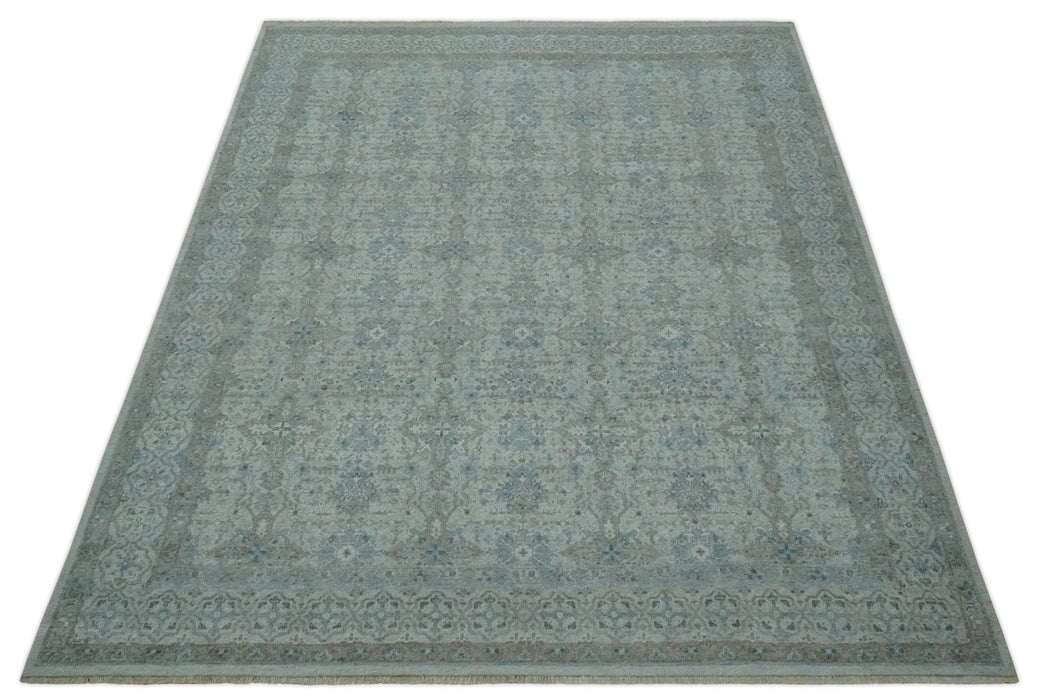 Antique Distress finish Silver, Teal and Brown Hand Knotted Traditional 8x10 wool Rug