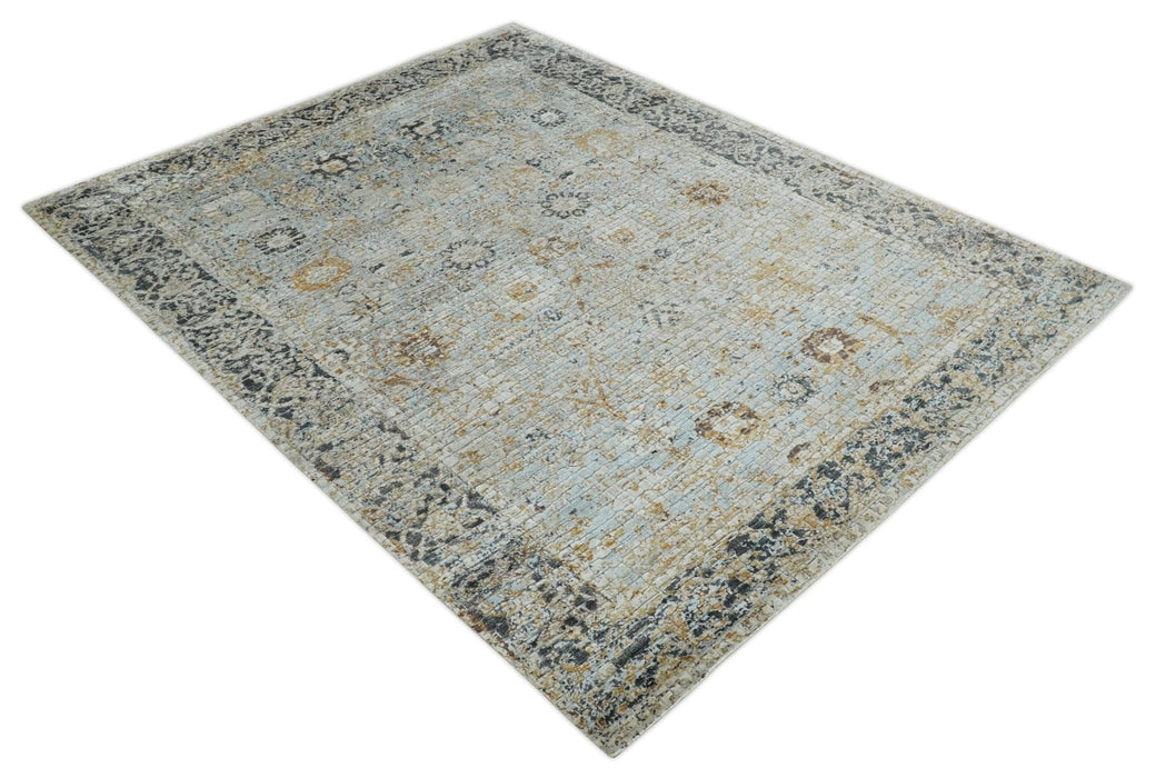 Antique look Aqua, Gold and Charcoal Hand Knotted Carved Texture Traditional Oriental Oushak 8x10 wool Area Rug