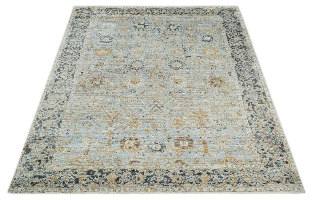 Antique look Aqua, Gold and Charcoal Hand Knotted Carved Texture Traditional Oriental Oushak 8x10 wool Area Rug