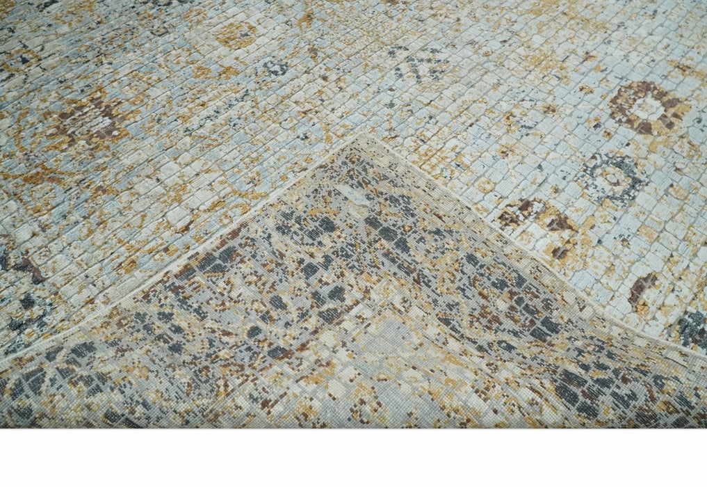 Antique look Aqua, Gold and Charcoal Hand Knotted Carved Texture Traditional Oriental Oushak 8x10 wool Area Rug