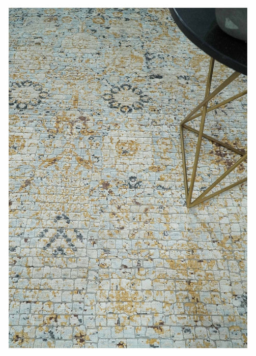 Antique look Aqua, Gold and Charcoal Hand Knotted Carved Texture Traditional Oriental Oushak 8x10 wool Area Rug