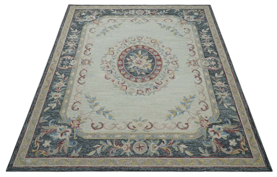 Antique Style Beige and Charcoal Aubusson design Hand Tufted 8x10 wool Area Rug