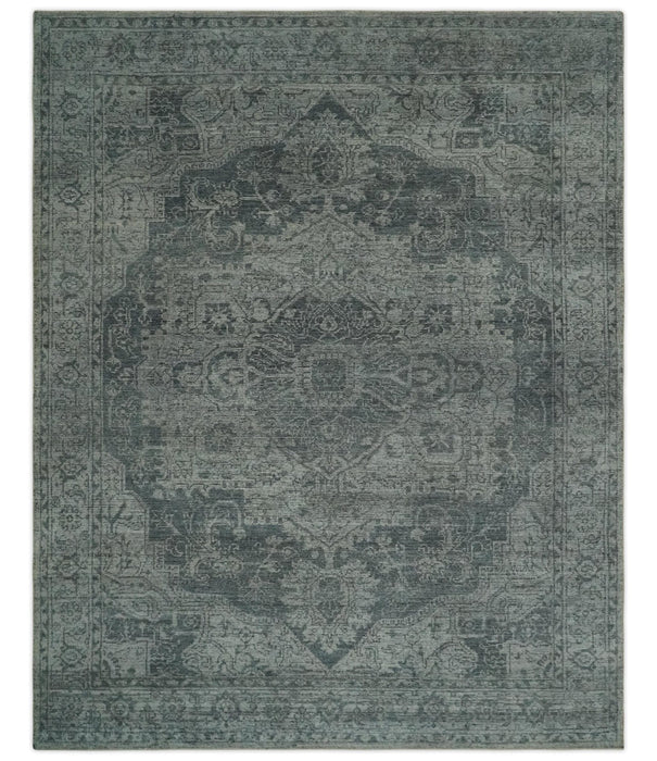 Antique Style Charcoal and Silver Traditional Heriz Medallion 8x10 wool Area Rug