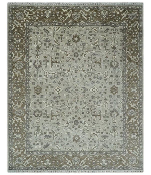 Antique Style Traditional Silver and Olive Oriental Oushak 8x10 wool Area Rug
