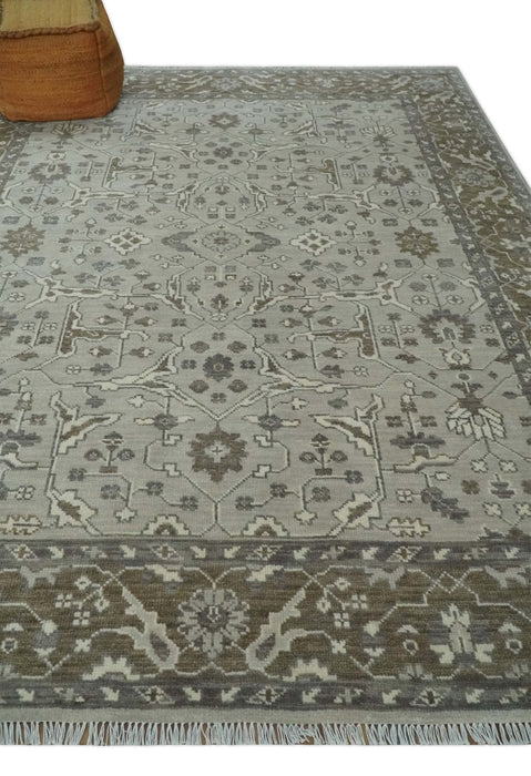 Antique Style Traditional Silver and Olive Oriental Oushak 8x10 wool Area Rug