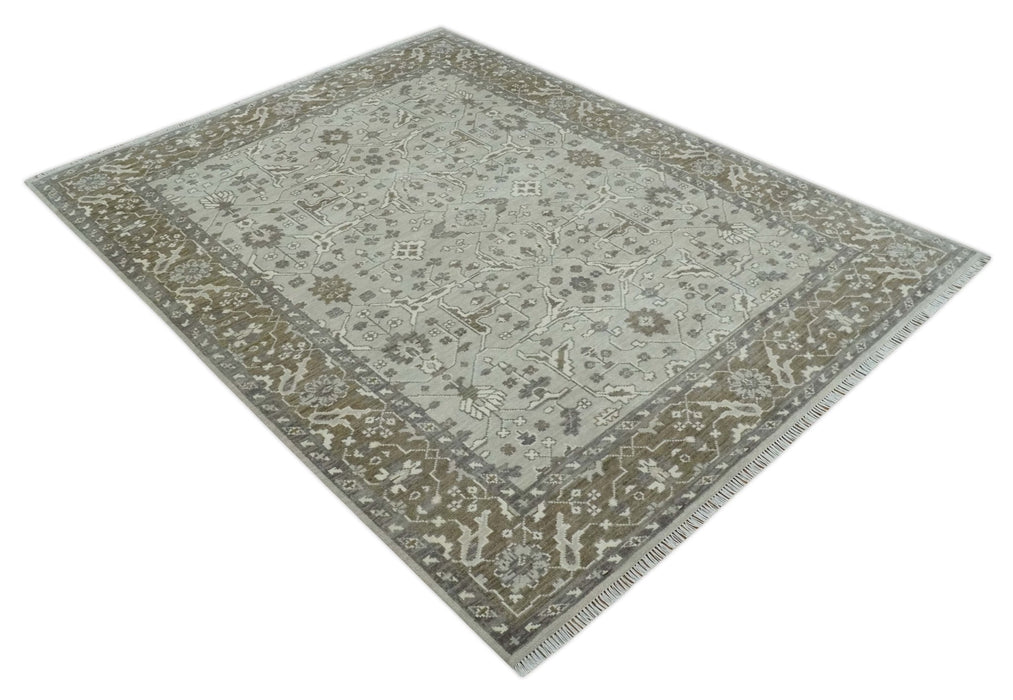 Antique Style Traditional Silver and Olive Oriental Oushak 8x10 wool Area Rug