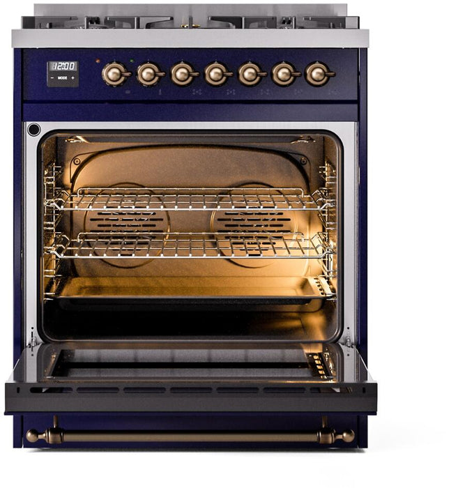 ILVE Nostalgie II 30" Dual Fuel Liquid Propane Range, Blue, Bronze Trim UP30NMPMBBLP ILVE