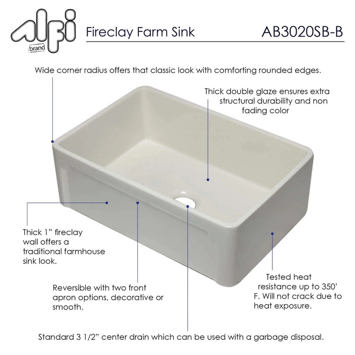 ALFI brand 30" Reversible Single Fireclay Farmhouse Kitchen Sink AB3020SB