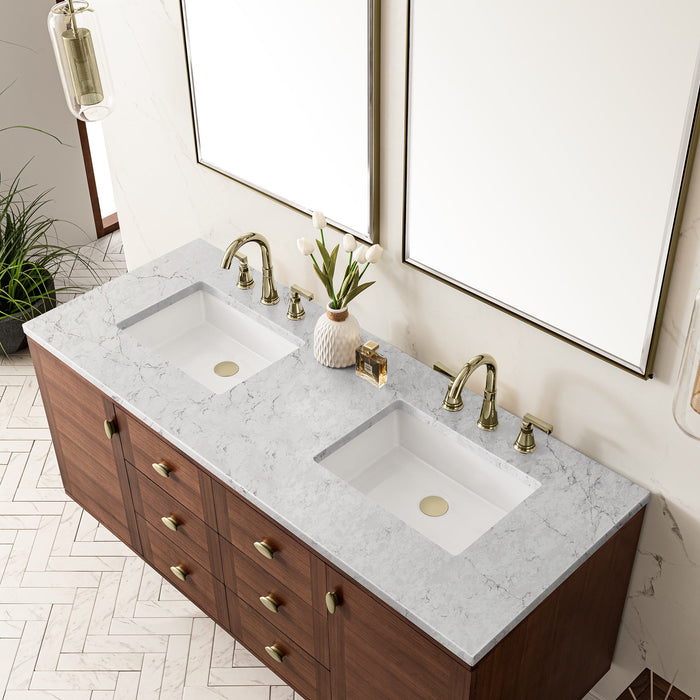 James Martin Amberly 60" Dual Mount Double Bathroom Vanity, Mid-Century Walnut