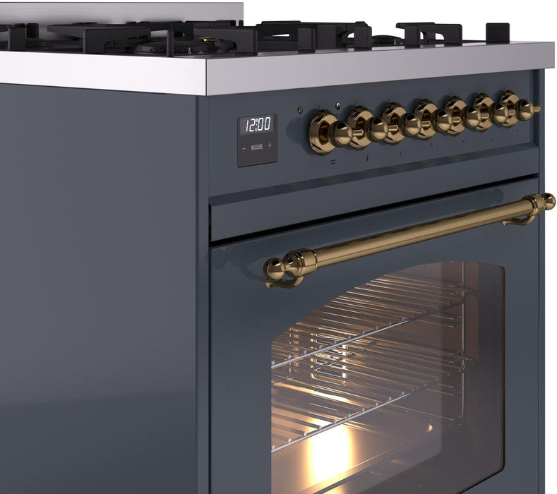 ILVE Nostalgie II 30 Inch Dual Fuel Natural Gas Freestanding Range in Blue Grey with Brass Trim UP30NMPBGG