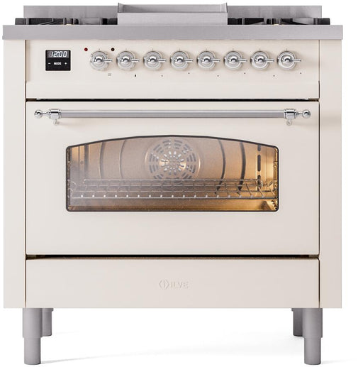 ILVE Nostalgie II 36" Dual Fuel Natural Gas Range, Antique White, Chrome Trim UP36FNMPAWC ILVE