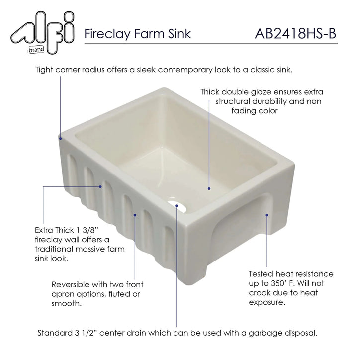 ALFI brand 24" Reversible Smooth / Fluted Single Bowl Fireclay Farm Sink AB2418HS