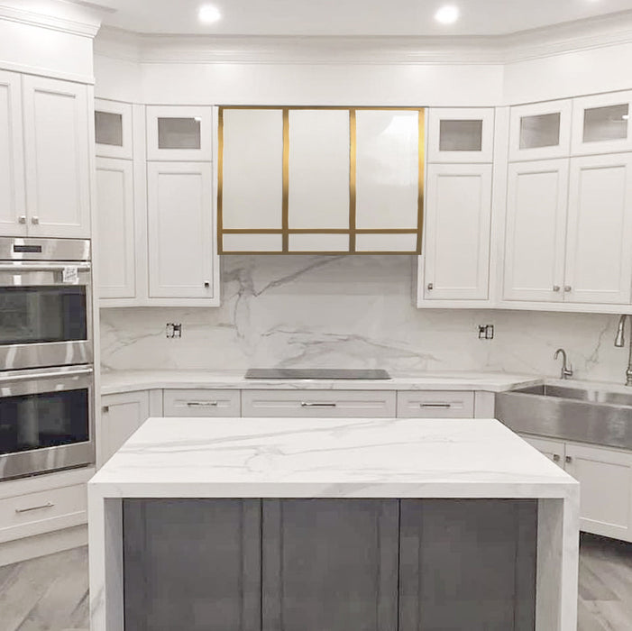 Barrel Shaped White Stainless Steel Custom Range Hoods with Brass Trim