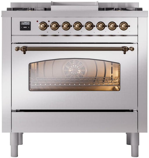 ILVE Nostalgie II 36" Dual Fuel Liquid Propane Range, Stainless Steel , Bronze Trim UP36FNMPSSBLP ILVE