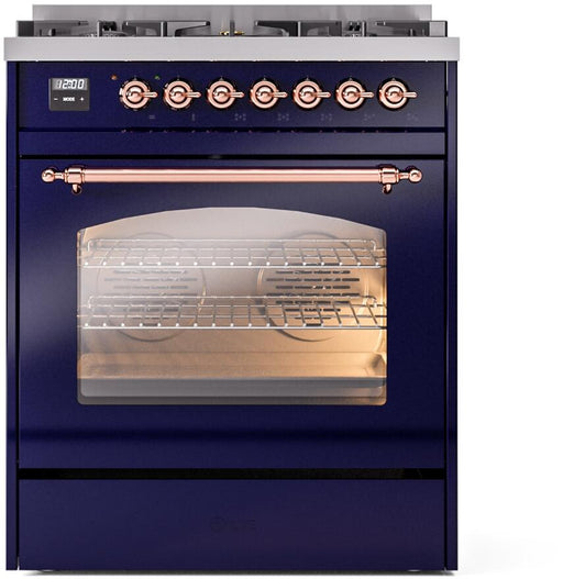 ILVE Nostalgie II 30" Dual Fuel Liquid Propane Range, Blue, Copper Trim UP30NMPMBPLP ILVE