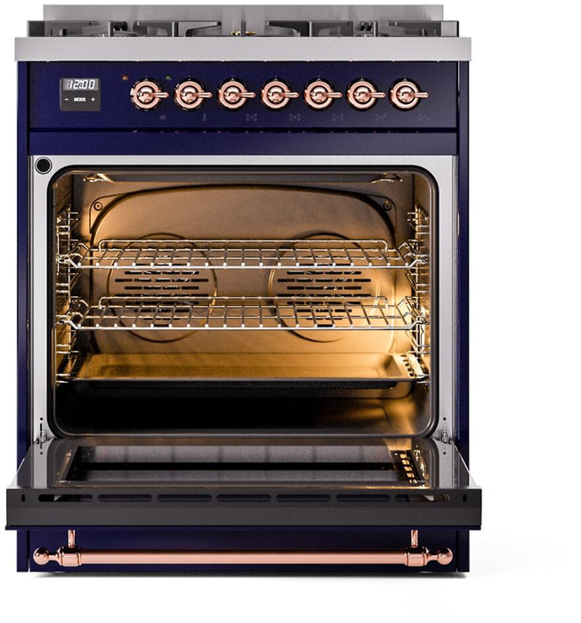 ILVE Nostalgie II 30" Dual Fuel Liquid Propane Range, Blue, Copper Trim UP30NMPMBPLP ILVE