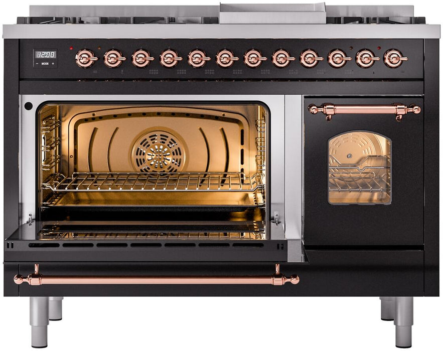 ILVE Nostalgie II 48" Dual Fuel Liquid Propane Range, Glossy Black, Copper Trim UP48FNMPBKPLP ILVE