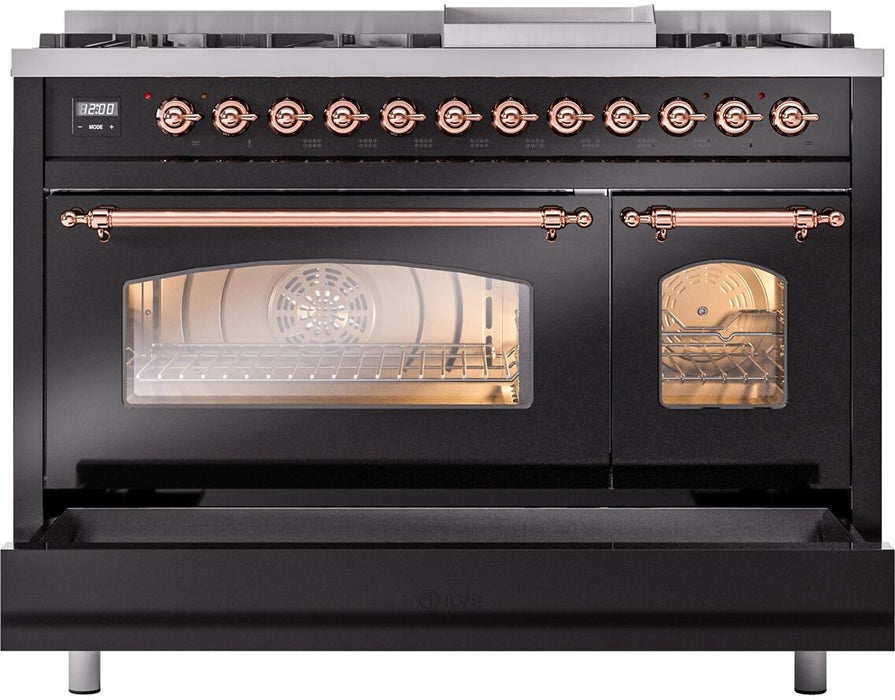 ILVE Nostalgie II 48" Dual Fuel Liquid Propane Range, Glossy Black, Copper Trim UP48FNMPBKPLP ILVE