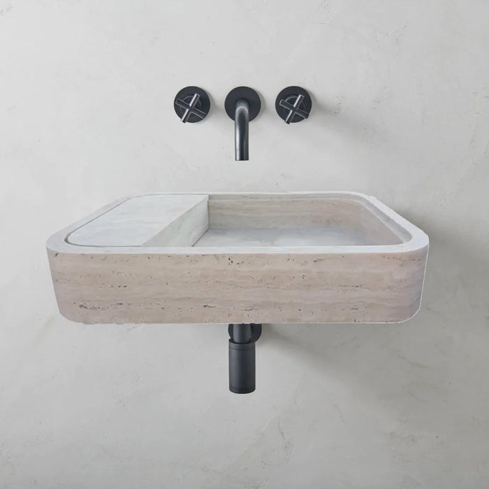 Beige Travertine Wall-Mount Bathroom Sink Hidden Drain 16x24