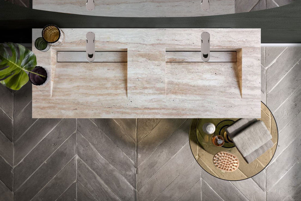 Beige Vein-Cut Travertine Double Bathroom Vanity Top Sink - (W)23" (L)60" (H)5.5"