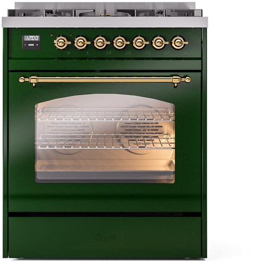 ILVE Nostalgie II 30" Dual Fuel Natural Gas Range, Emerald Green, Brass Trim UP30NMPEGG ILVE