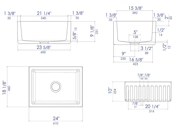 ALFI brand 24" Reversible Smooth / Fluted Single Bowl Fireclay Farm Sink AB2418HS