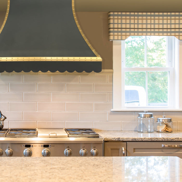 Scalloped Black Stainless Steel Custom Range Hood with Brass Trim
