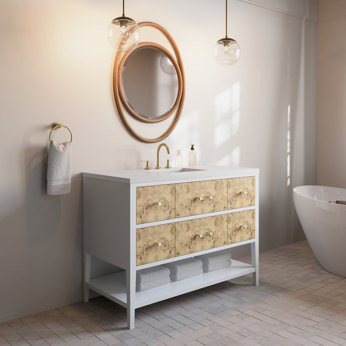 James Martin Olena 48" Single Bathroom Vanity, Polished White and Light Mappa Burl