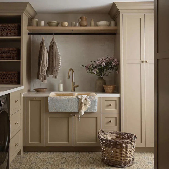 Botticino Beige Marble Farmhouse Apron Double Sink - 32x16x10