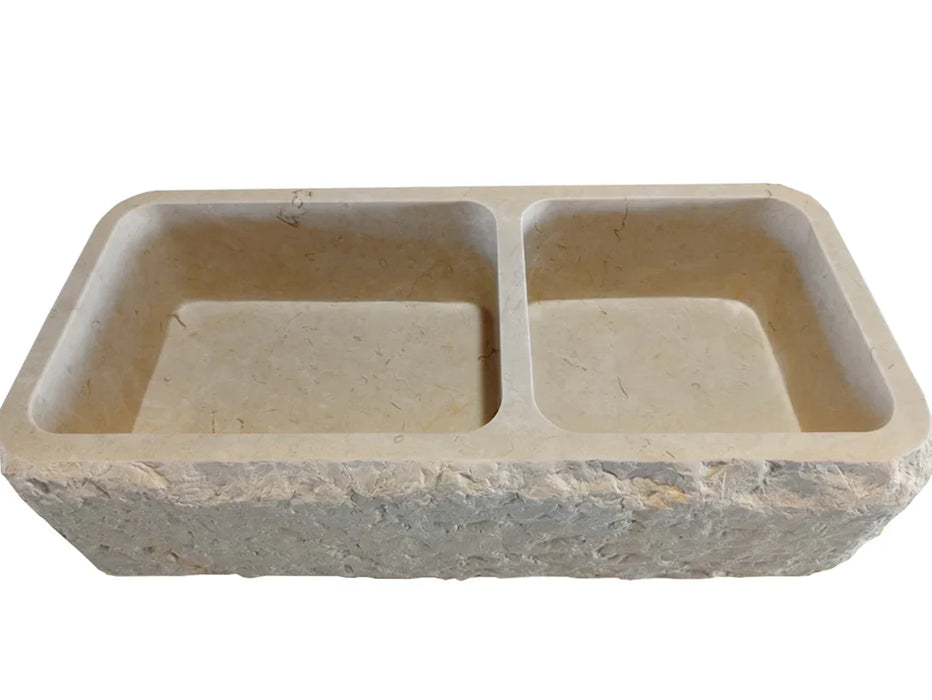 Botticino Beige Marble Farmhouse Apron Double Sink - 32x16x10