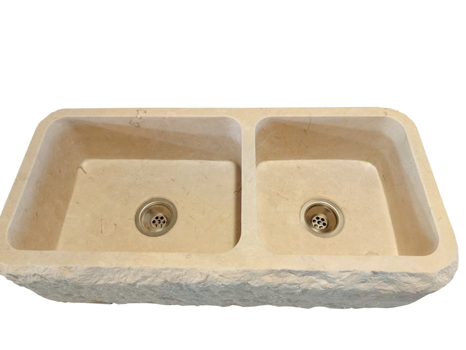 Botticino Beige Marble Farmhouse Apron Kitchen Double Sink NTRVS185