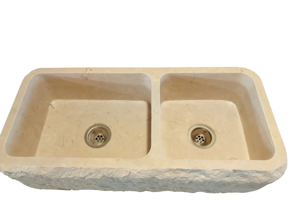 Botticino Beige Marble Farmhouse Apron Double Sink - 32x16x10