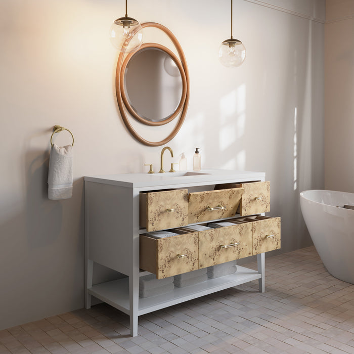 James Martin Olena 48" Single Bathroom Vanity, Polished White and Light Mappa Burl