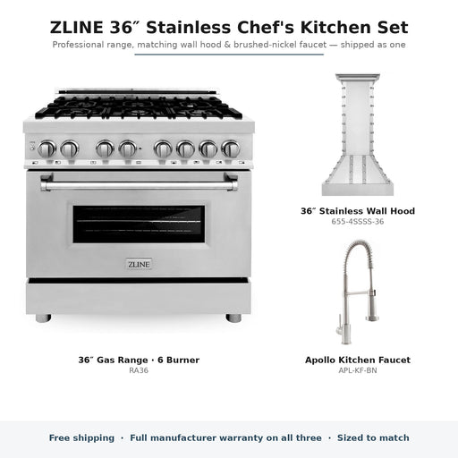 ZLINE 36-inch Stainless Chef's Kitchen Set: RA36 gas range, 655-4SSSS-36 wall hood, and Apollo brushed-nickel faucet