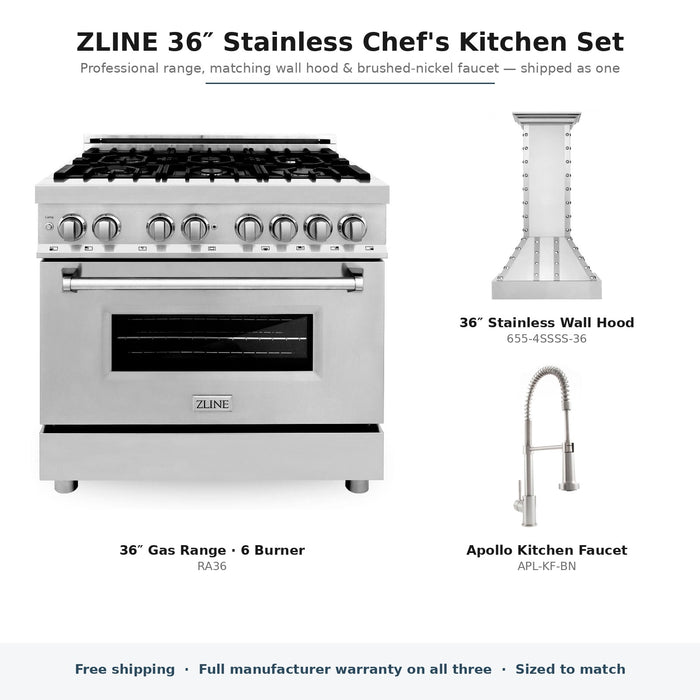 ZLINE 36-inch Stainless Chef's Kitchen Set: RA36 gas range, 655-4SSSS-36 wall hood, and Apollo brushed-nickel faucet