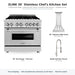 ZLINE 36-inch Stainless Chef's Kitchen Set: RA36 gas range, 655-4SSSS-36 wall hood, and Apollo brushed-nickel faucet