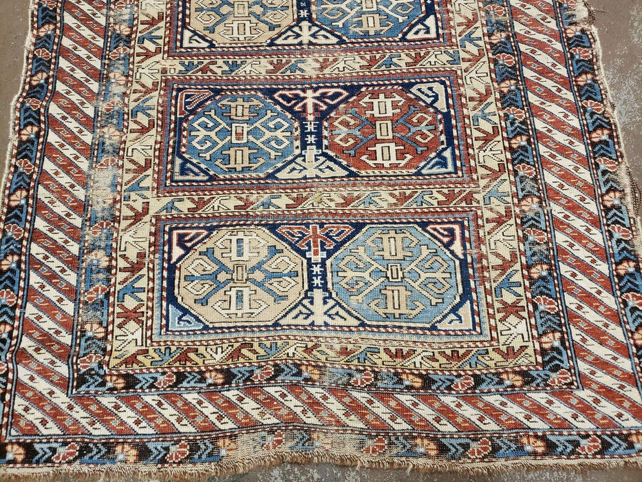 3' 4" X 4' 11" Antique Handmade Shirvan Kazak Caucasian Wool Rug Colorful