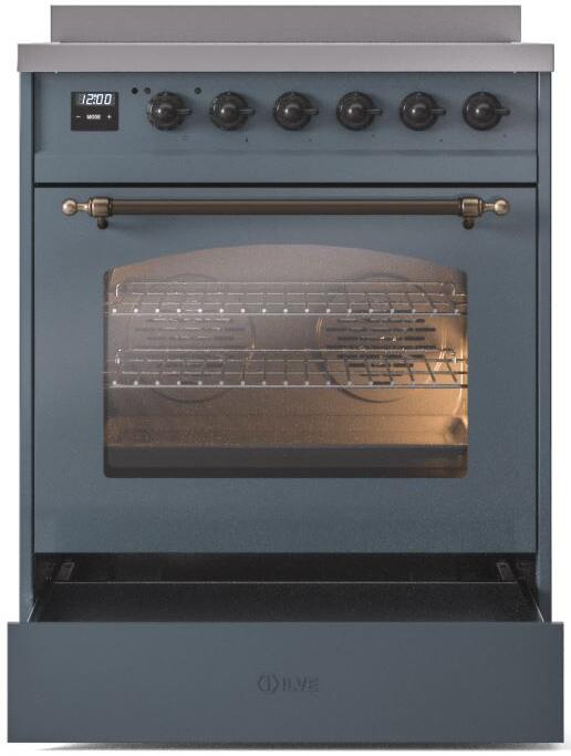 ILVE Nostalgie II 30" Electric Range, Blue Grey, Bronze Trim UPI304NMPBGB