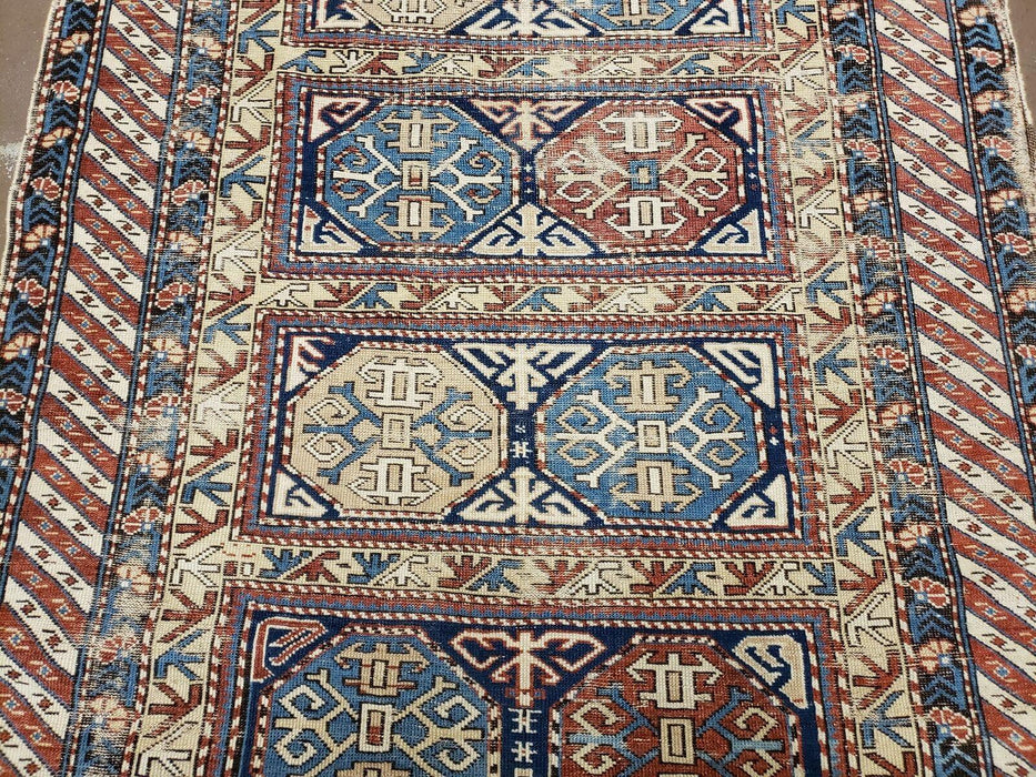 3' 4" X 4' 11" Antique Handmade Shirvan Kazak Caucasian Wool Rug Colorful