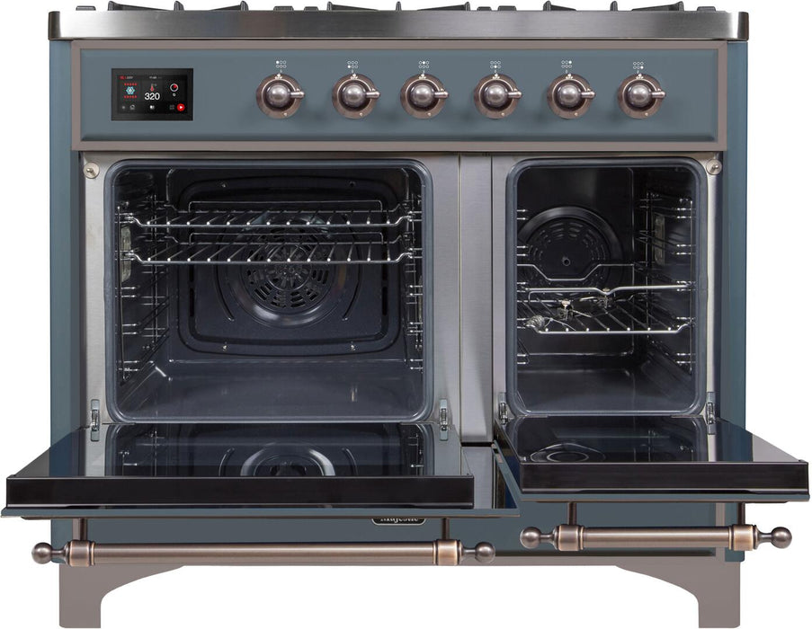 ILVE 40" Majestic II Series Dual Fuel Double Windowed Oven Range, Blue Grey, Bronze Trim UMD10FDNS3BGB