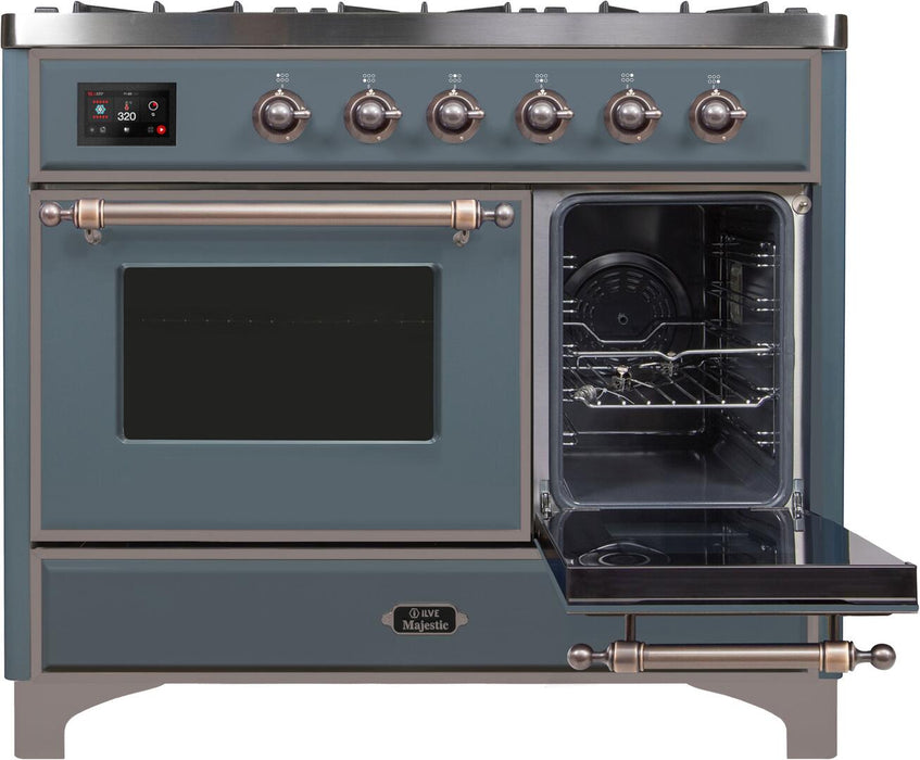 ILVE 40" Majestic II Series Dual Fuel Double Windowed Oven Range, Blue Grey, Bronze Trim UMD10FDNS3BGB