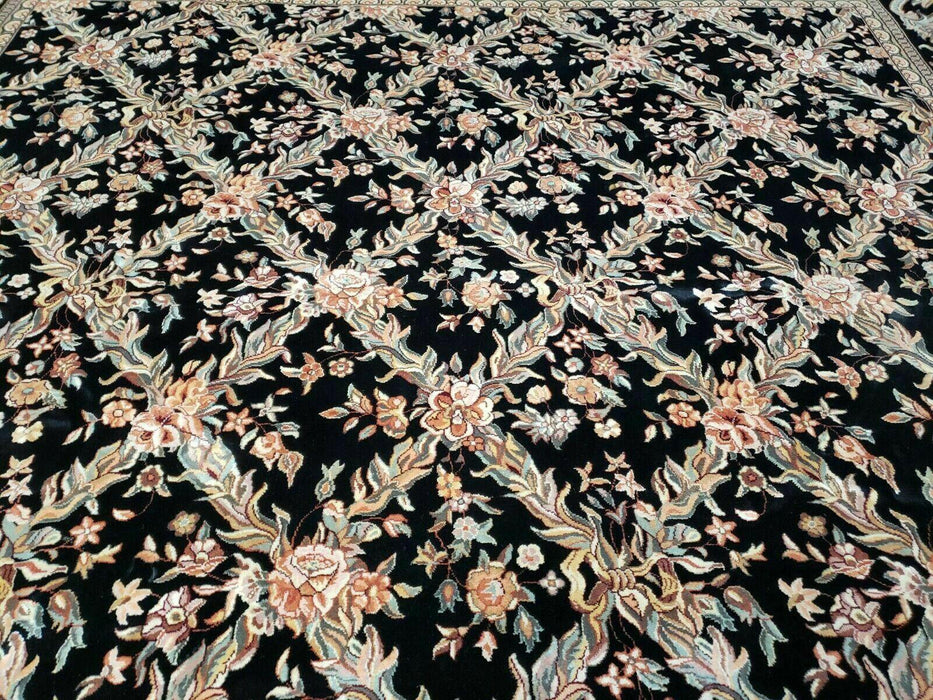 10' X 14' Handmade Fine Chinese Allover Floral Wool Rug Hand Knotted Black Nice