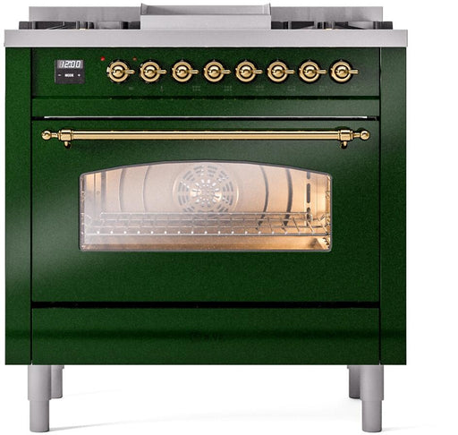 ILVE Nostalgie II 36" Dual Fuel Liquid Propane Range, Emerald Green, Brass Trim UP36FNMPEGGLP ILVE